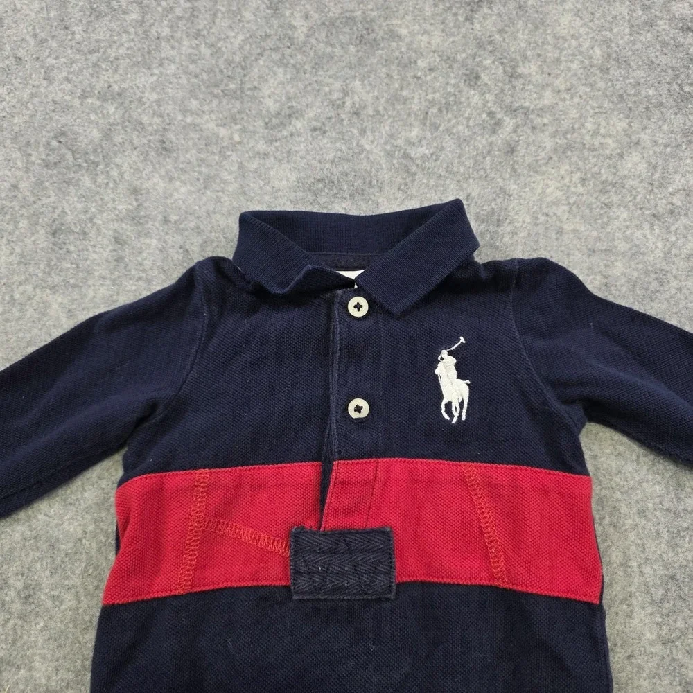 Ralph Lauren Coverall Baby Boys 0-3M Blue Red Polo One Piece Snap Romper